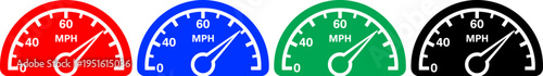 Speedometer gauges in red blue green and black indicating speed in miles per hour