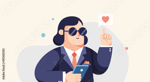 Person in suit and sunglasses holds phone, gestures up, heart icon