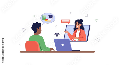 Virtual E-learning Class via Video Call. Student Receiving Online Education and Mentorship from a Remote Teacher on Laptop.