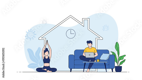 Illustration of individuals adapting to the new normal, with a female doing yoga and a male working from home during lockdown.