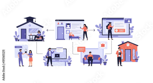 Digital Education Flowchart: Remote E-learning Process, Online Study Network, and Virtual Graduation Journey from Home.