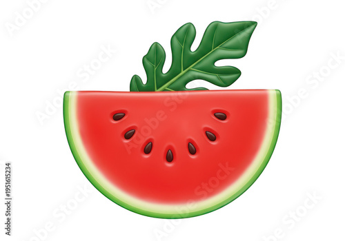 A refreshing slice of watermelon with a green leaf garnish on top.