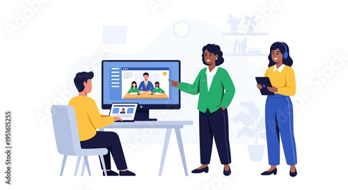 Virtual Business Meeting and Remote Training Illustration. Team collaboration, e-learning, and professional development via video conference technology.