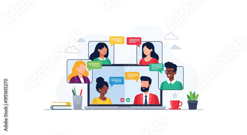 Diverse Team Video Conference Call. Virtual Meeting, Online Business Communication, Teleconference Collaboration on Laptop Screen.