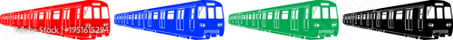 Subway train set in red, blue, green, and black, depicting urban public transportation systems