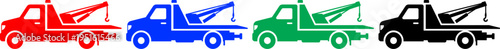 Tow trucks in red blue green and black colors isolated on white background vector graphic