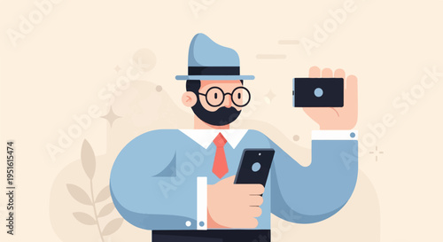 Bearded man in a hat holds two phones, one taking picture