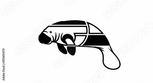 Black and white stylized depiction of a manatee with geometric divisions