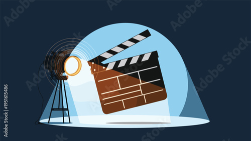 Iconic illustration of a director's clapboard illuminated by a powerful spotlight, representing film production and entertainment.
