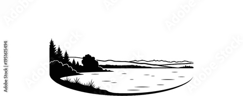 Black silhouette of a serene lake scene with trees and distant mountains