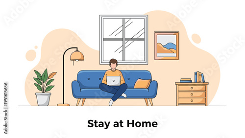 Peaceful illustration of a male enjoying working from home on a couch, representing telecommuting and adapting to a new lifestyle.