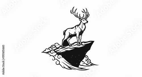 Majestic stag with large antlers stands on a jagged cliff with stylized clouds