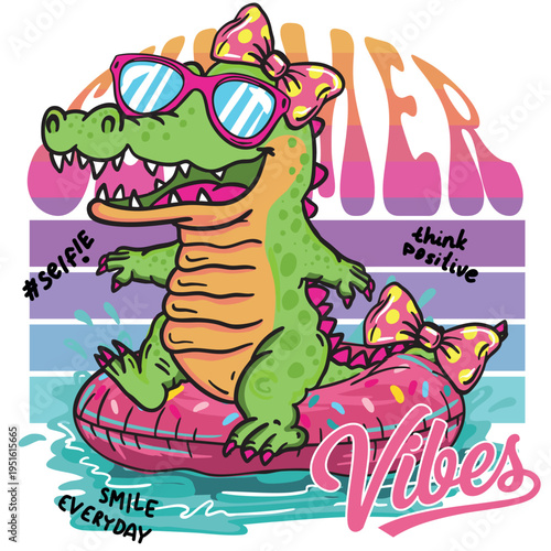 Summer t-shirt graphic design with crocodile summer print . Bright summer illustration . for textiles, prints, for boy and girl
