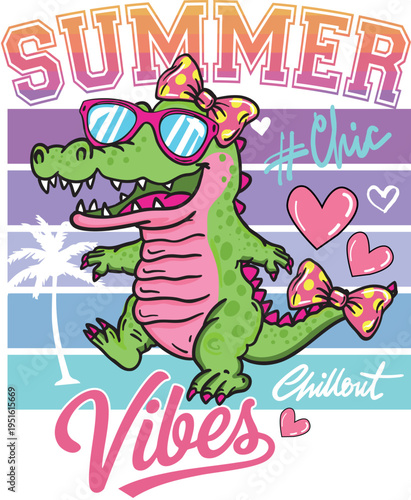 Summer t-shirt graphic design with crocodile summer print . Bright summer illustration . for textiles, prints, for boy and girl