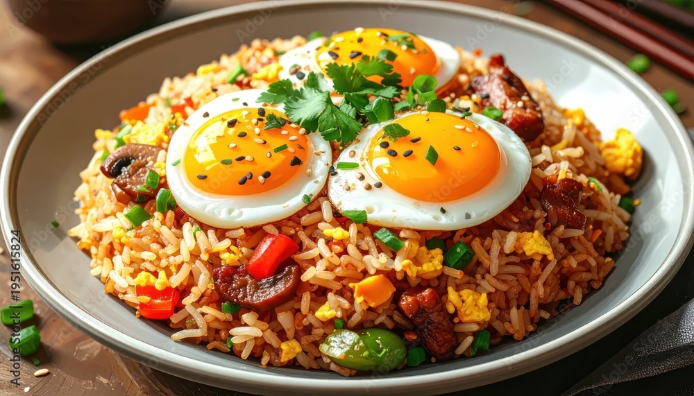 Fototapeta premium Delicious Fried Rice with Eggs and Herbs.