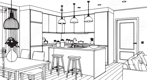 Coloring vector illustration of a kitchen interior page from a book