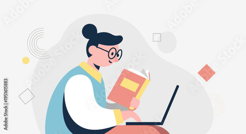 Person reading a book and using a laptop with abstract shapes in background