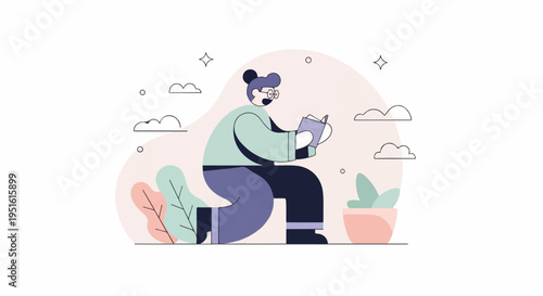 Minimalist illustration of a person reading in a serene, natural setting