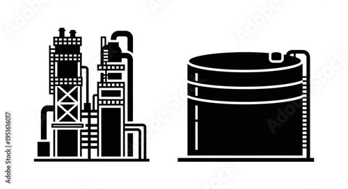 Silhouette of an industrial plant and storage tank.