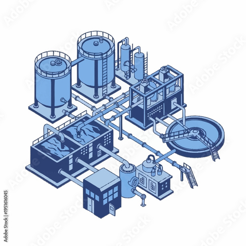 Industrial Water Treatment Plant Isometric Illustration.
