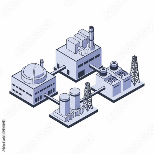 Isometric Industrial Complex with Multiple Buildings and Towers.
