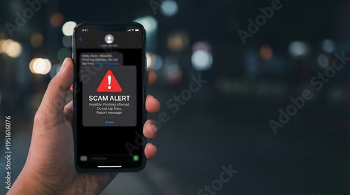 A person holding a mobile phone showing a scam alert security warning notification on the screen during the night against a dark bokeh background