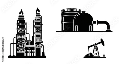 Silhouette of Oil Refinery, Storage Tanks, and Oil Pump.
