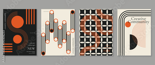 Mid century modern abstract poster set for home decor. Geometric retro wall art with black, ochre, and beige shapes for contemporary interior decoration.