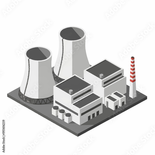 Isometric Industrial Power Plant with Cooling Towers and Chimney.