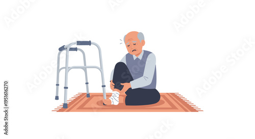An elderly man sits on a rug holding his bandaged ankle in pain next to a walker on a white background.
