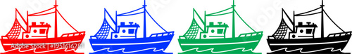 Fishing boat illustrations in red, blue, green, and black against wavy water background