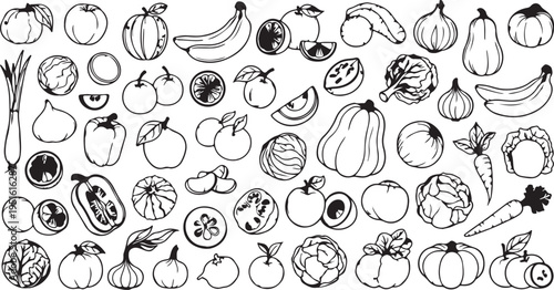Coloring vector book page with various fruits and vegetables