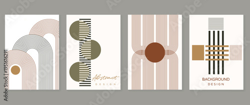 Mid century modern abstract poster set for home decor. Geometric retro wall art with black, ochre, and beige shapes for contemporary interior decoration.