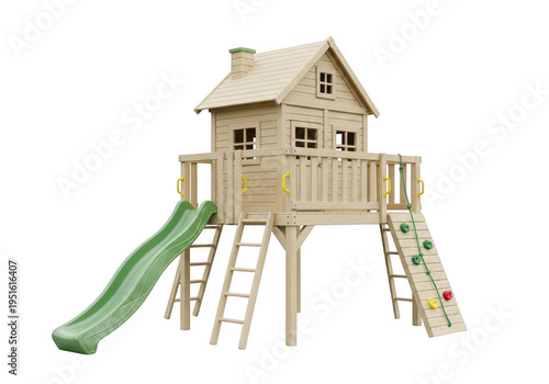 Playful wooden playhouse with slide and climbing features for children's outdoor fun