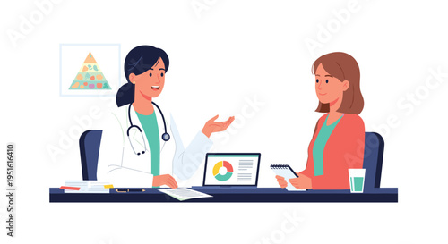 A female doctor in a white coat consults with a female patient at a desk with a laptop.