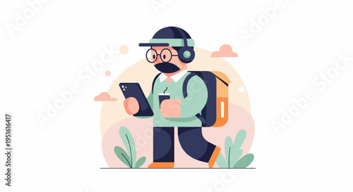 Person with backpack, headphones, phone, and coffee walks outdoors