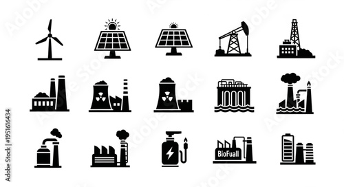 Diverse Energy Production Icons - Wind, Solar, Oil, Nuclear, and Hydro Power.