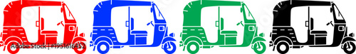 Four colorful auto rickshaws red blue green black isolated on transparent background vector illustration