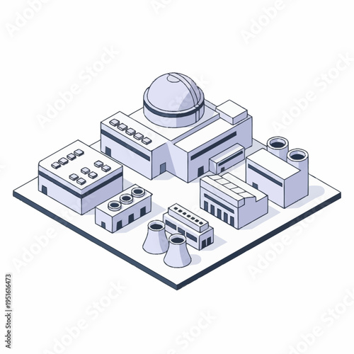 Isometric Nuclear Power Plant Complex Illustration.