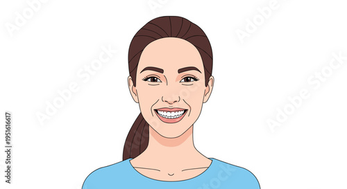 A young woman with dark hair in a ponytail smiles broadly, revealing braces on her teeth.