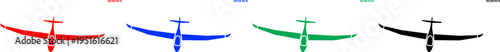 Four colorful gliders in red blue green and black representing flight and aviation