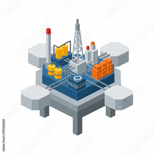 Isometric Offshore Oil Rig Platform for Energy Production.