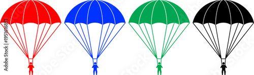 Four colorful parachutes red blue green black with person isolated on transparent background vector illustration