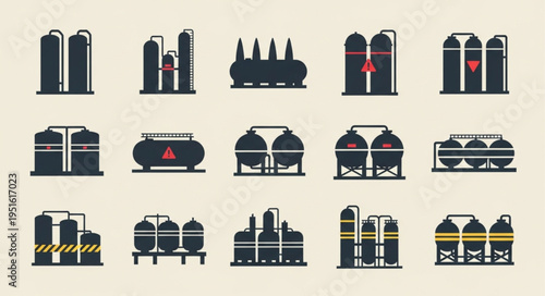 Oil and Gas Storage Tanks Vector Icons Set.