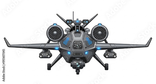 Detailed front view of a futuristic aircraft with advanced technology and design.