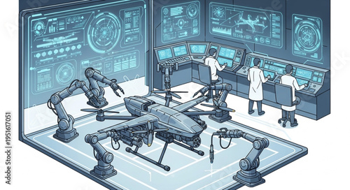 Drone assembly and maintenance in a high-tech laboratory setting with robotic arms.