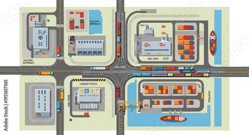 Detailed City Port Layout with Buildings and Transportation.