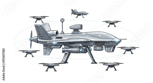 Military drone aircraft surrounded by smaller drones for surveillance and reconnaissance.