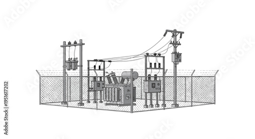 An outdoor electrical substation with transformers and power lines is enclosed by a chain-link fence on a white background.