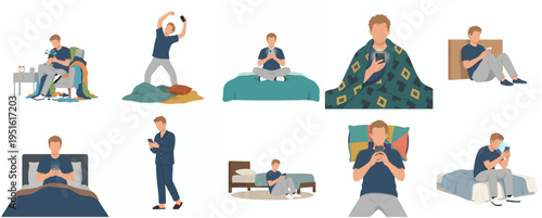 Flat Style Character Set of Man Using Mobile Phone at Home Illustration